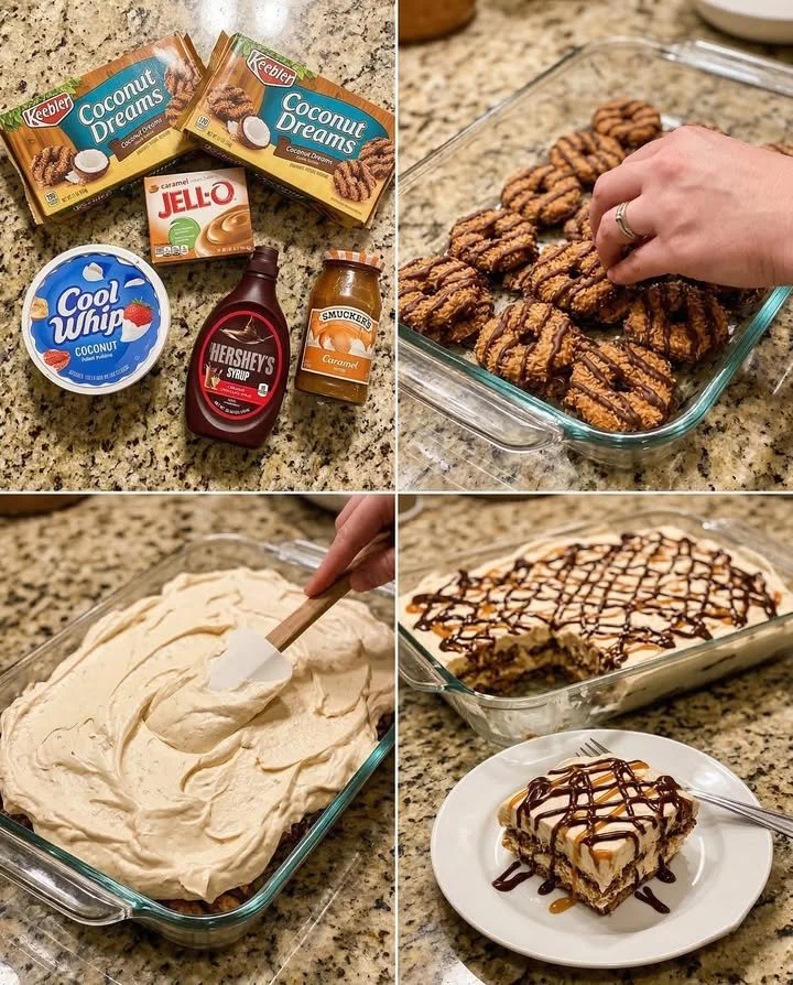 No-Bake Samoas Coconut Cookie Lasagna dessert with layers of coconut and chocolate