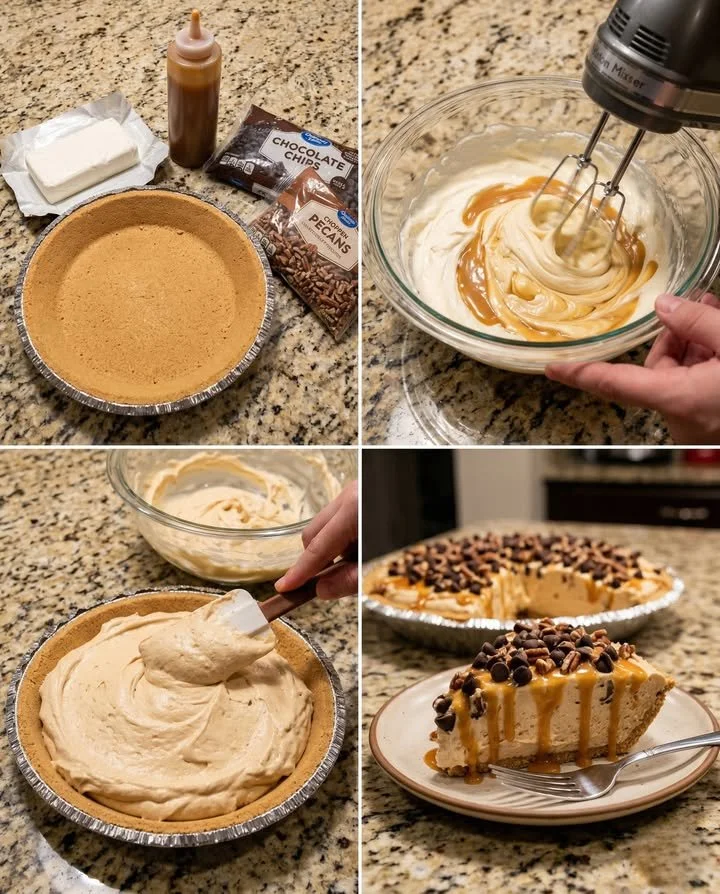 No-Bake Turtle Pie with chocolate, caramel, and pecans