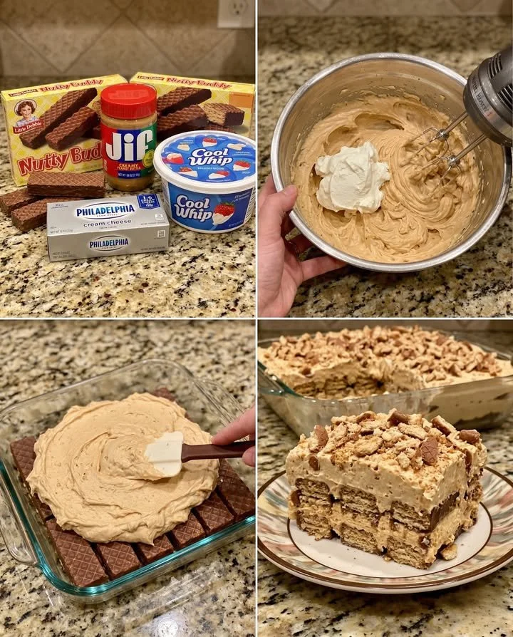 Nutty Buddy Peanut Butter Lasagna dessert layered with creamy peanut butter and chocolate