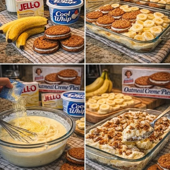 Oatmeal Creme Pie Banana Pudding dessert in a glass bowl garnished with banana slices.