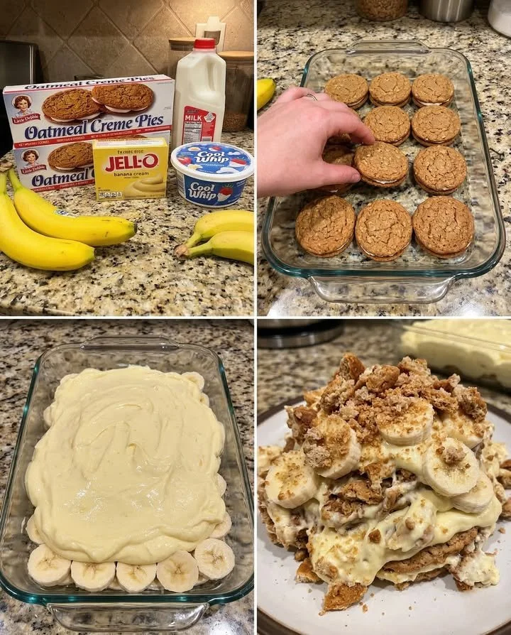 Oatmeal Creme Pie Banana Pudding dessert topped with whipped cream and cookies