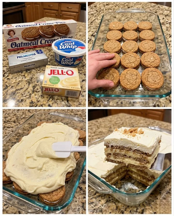 Oatmeal Creme Pie Icebox Lasagna served in a dessert dish