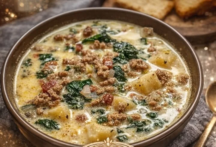 Bowl of Olive Garden Tuscan soup with fresh ingredients and herbs