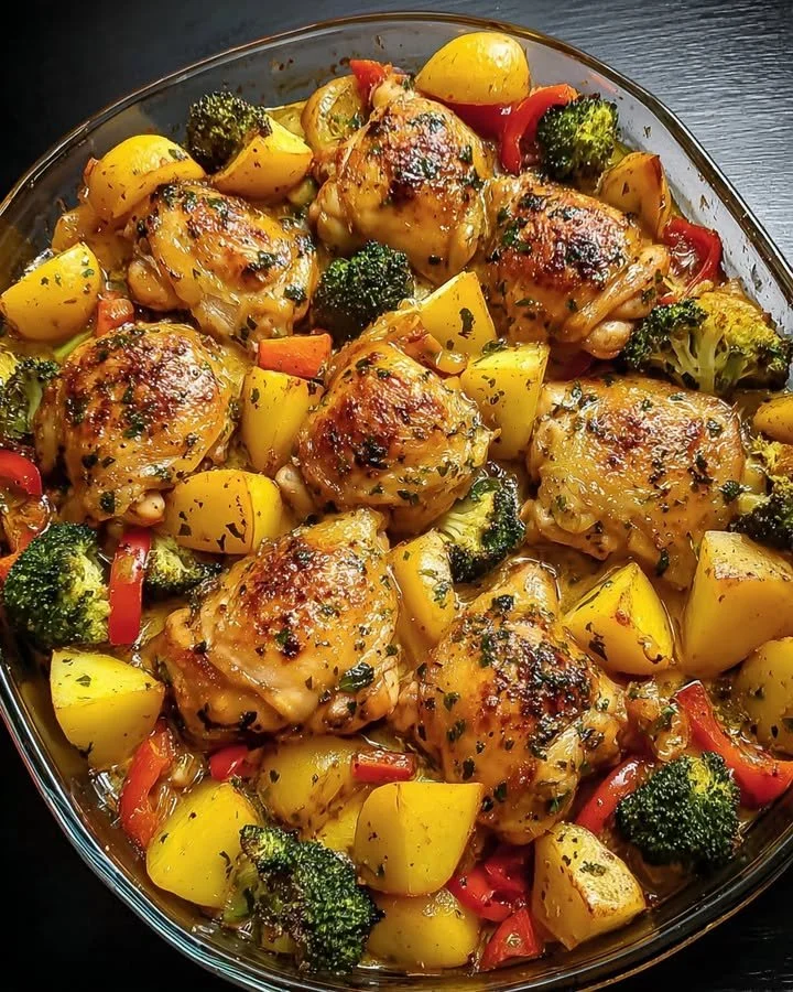 Garlic herb roasted chicken thighs with potatoes, broccoli, and peppers on a plate