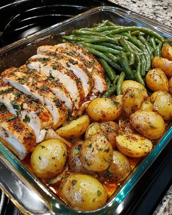 One-Pan Herb Chicken with Baby Potatoes and Green Beans ready to serve