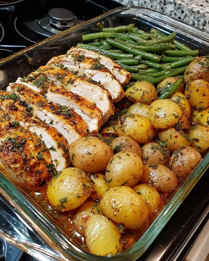 Delicious one-pan herb chicken with baby potatoes and green beans