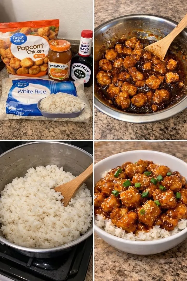 Delicious orange chicken served over a bed of fluffy rice.