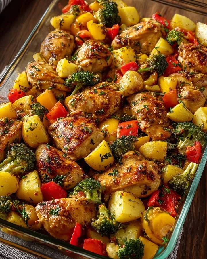 Oven-roasted chicken and veggie bake served on a plate with herbs and aromatic spices.
