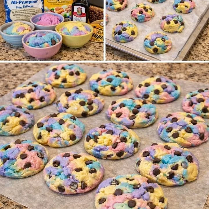Pastel tie-dye Easter chocolate chip cookies on a decorative plate