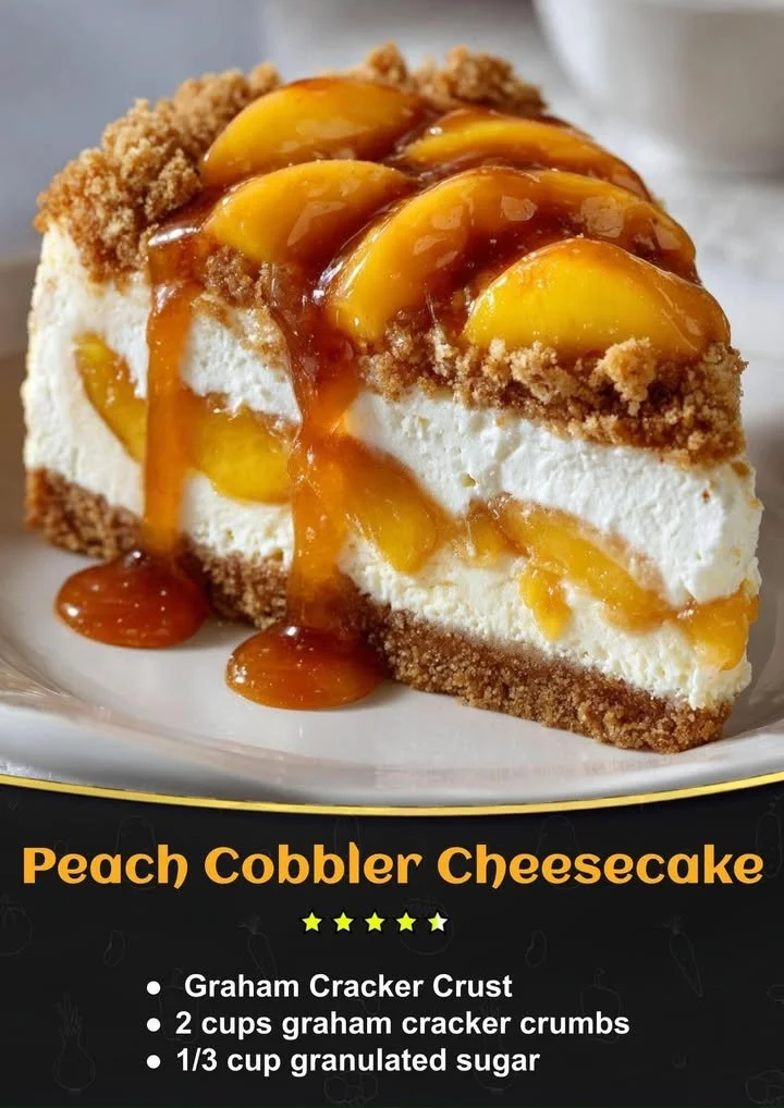 Delicious Peach Cobbler Cheesecake topped with fresh peaches and a crispy crust