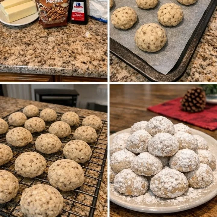 Homemade pecan balls rolled in powdered sugar, a delicious dessert treat.