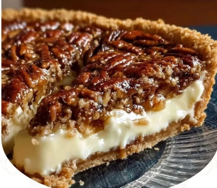 Delicious pecan cheesecake pie with caramel topping and chopped pecans.