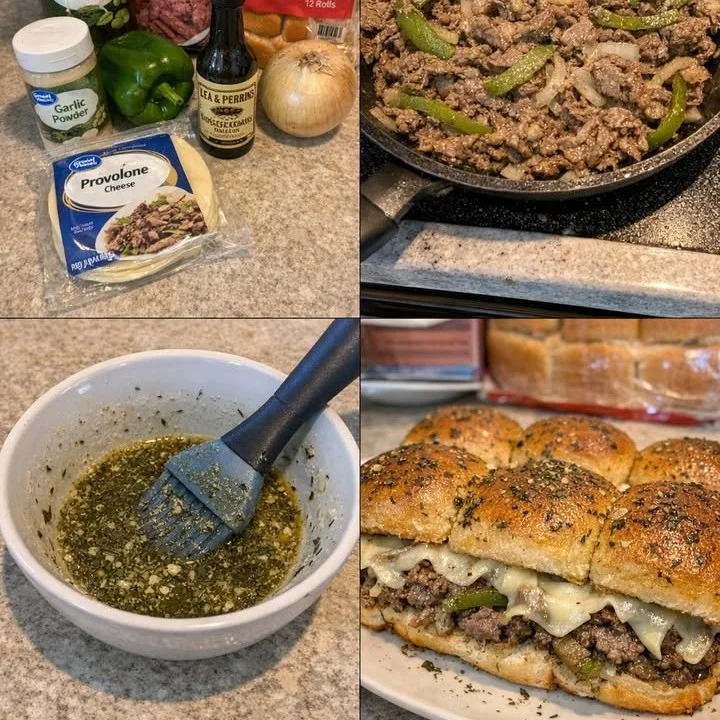 Philly Cheesesteak Sliders served on a platter with toppings