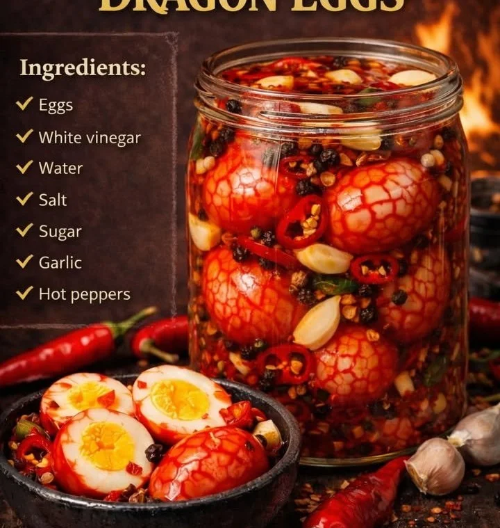 A jar of pickled dragon eggs showcasing their vibrant colors and unique texture.