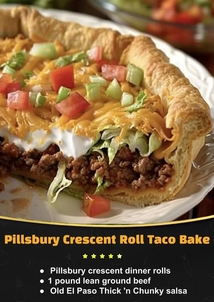 Pillsbury Crescent Roll Taco Bake with toppings served in a casserole dish