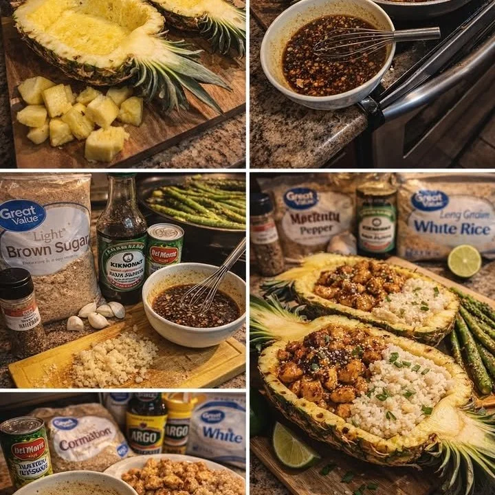 Delicious Pineapple Chicken with Asparagus served on a plate.