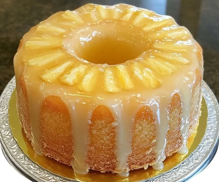 Slice of Pineapple Cream Cheese Pound Cake on a plate