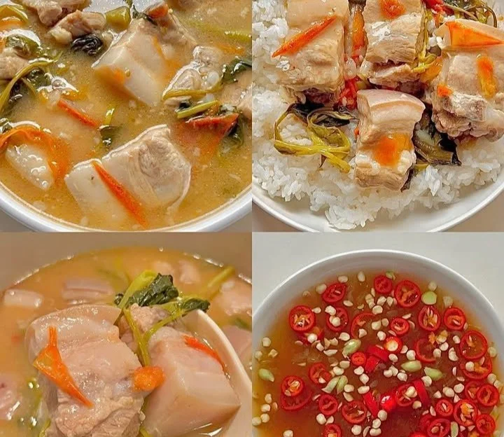 Bowl of delicious Pork Sinigang with tender pork and fresh vegetables.
