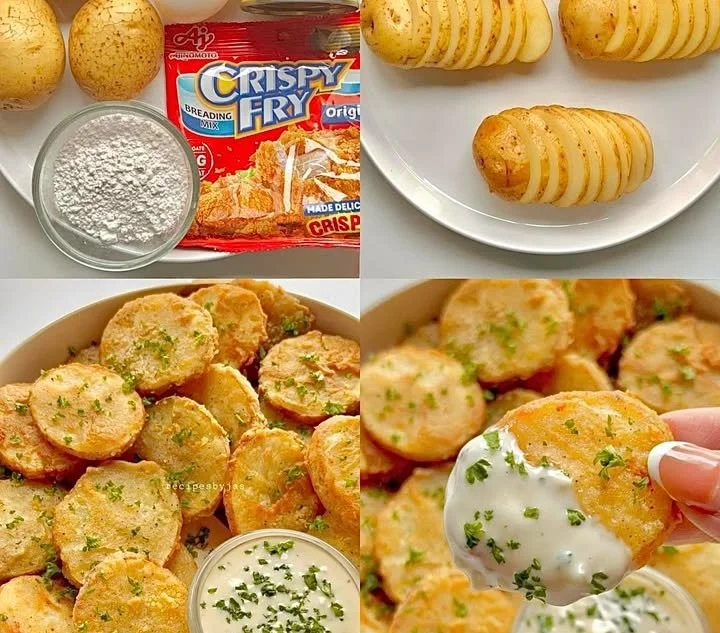 Golden crispy Potato Mojos served with a dipping sauce