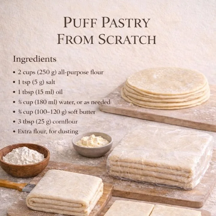 Homemade puff pastry dough on a floured surface ready to be rolled out.