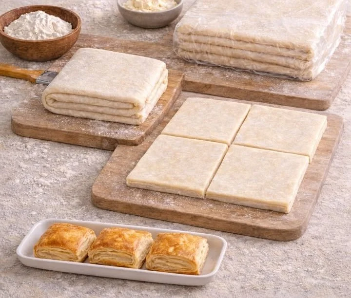 Homemade puff pastry layers ready for baking from scratch