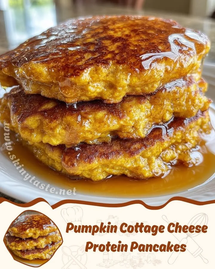Plate of pumpkin cottage cheese protein pancakes topped with syrup and nuts.