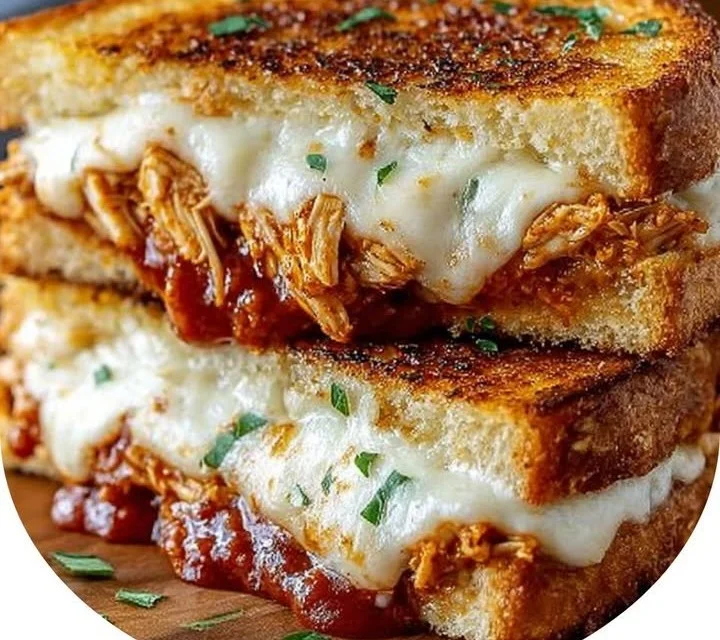 Quick Chicken Parmesan Grilled Cheese sandwich with melted cheese and crispy exterior