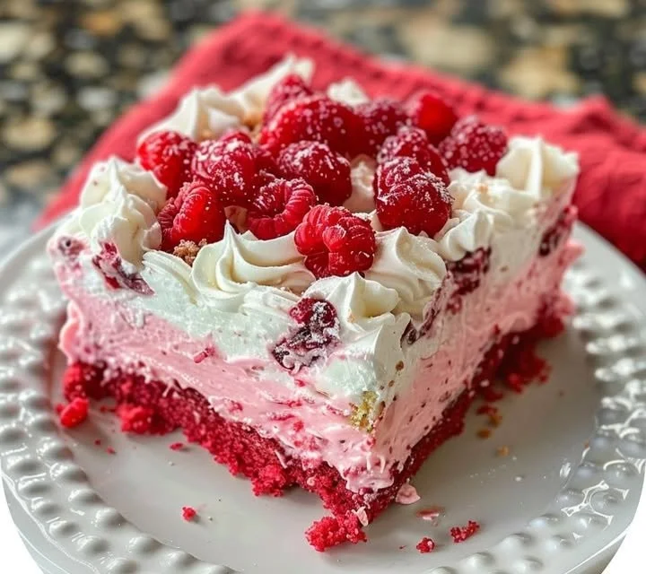 Slice of Raspberry Zinger Poke Cake topped with whipped cream and raspberries.