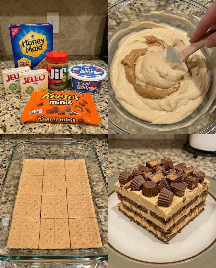 Reese's Peanut Butter Cup Icebox Cake with layers of chocolate and peanut butter.