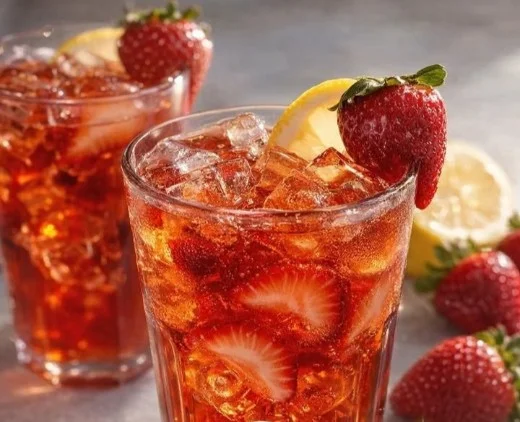Glass of refreshing Southern strawberry sweet iced tea with strawberries, lemon, and ice.