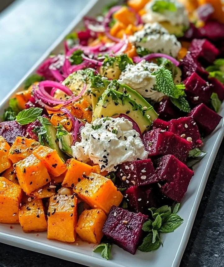 Roasted beet salad with sweet potato, avocado, and whipped ricotta drizzled with lemon-tahini.