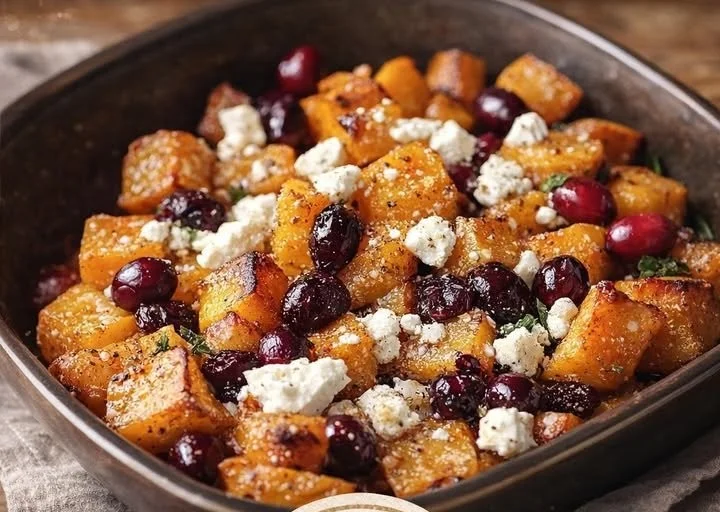 Roasted butternut squash with cranberries and feta cheese on a serving platter.