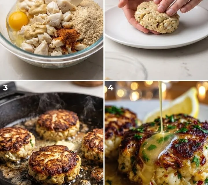 Ruth's Chris style crab cakes drizzled with lemon butter sauce on a plate