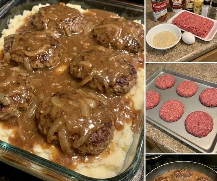 Delicious homemade Salisbury Steak served with gravy and mashed potatoes
