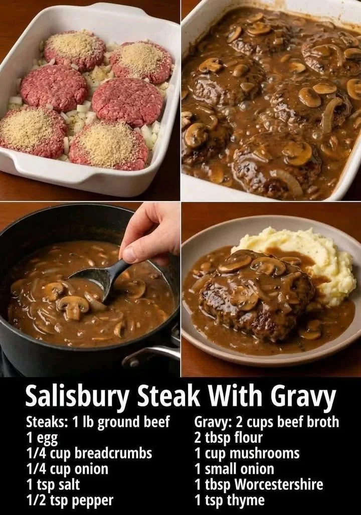 Homemade Salisbury steak served with rich onion gravy on a plate.