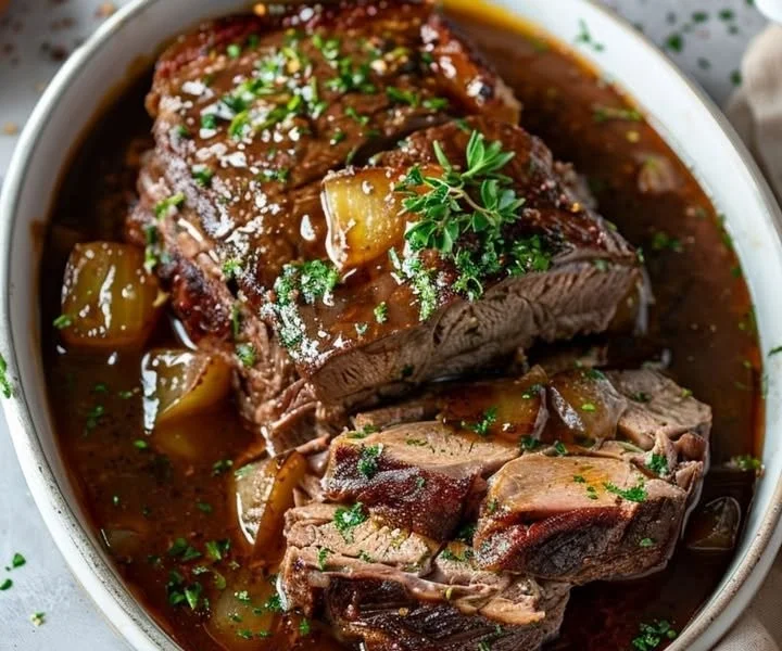 A delicious plate of Sauer Roast, showcasing its rich flavors and gourmet presentation.