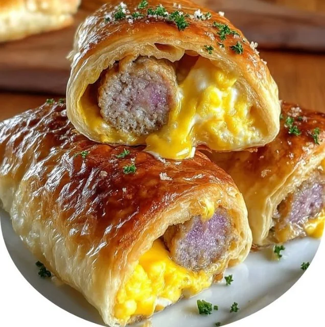 Sausage egg and cheese breakfast roll-ups on a plate with fresh ingredients.