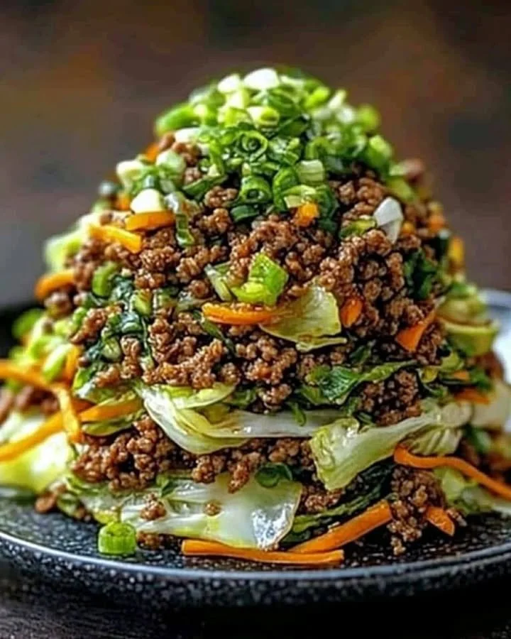 Savory sesame ground beef fusion stack with tender cabbage.