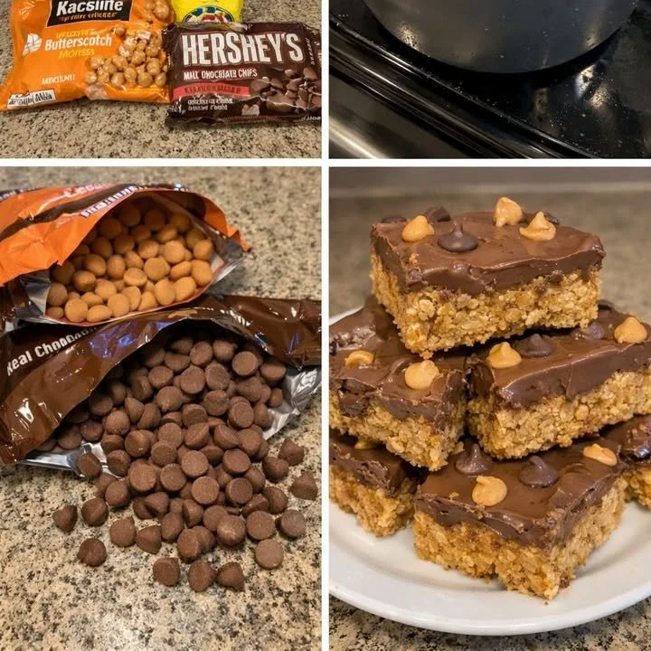 Homemade Scotcharoos dessert with chocolate and peanut butter layers
