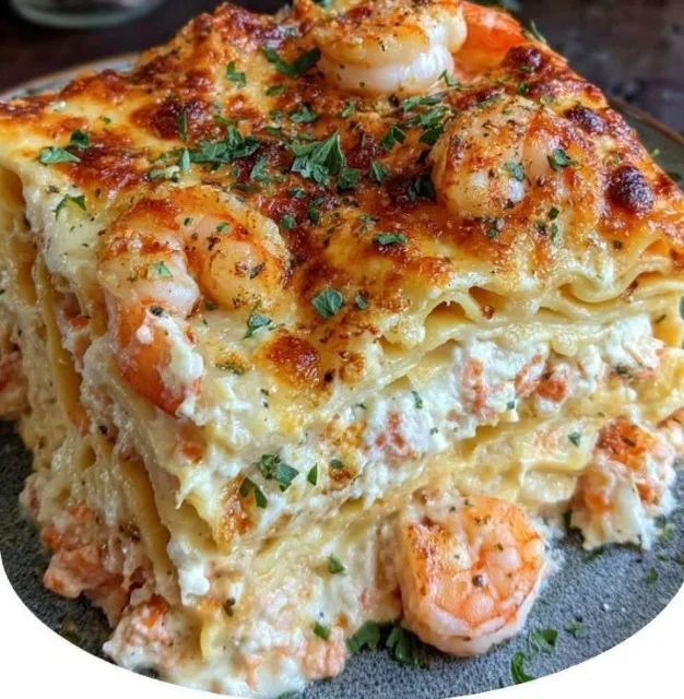 Delicious Seafood Lasagna with Shrimp and Crab layered in creamy sauce