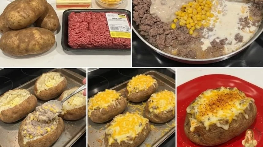 Delicious Shepherd's Pie stuffed baked potatoes topped with cheese and herbs