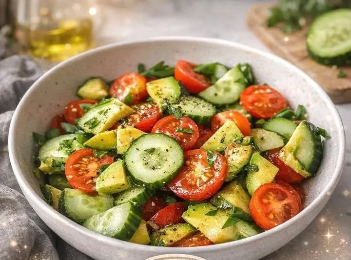 Fresh Tomato Cucumber Salad with Avocado on a plate