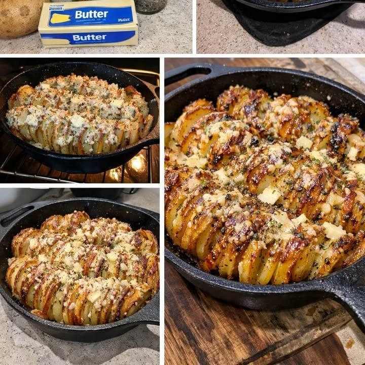 Delicious sliced potatoes with Parmesan and roasted garlic on a plate