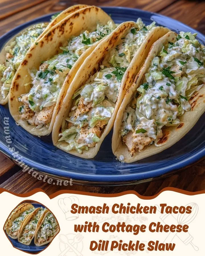 Smash chicken tacos with cottage cheese and dill pickle slaw