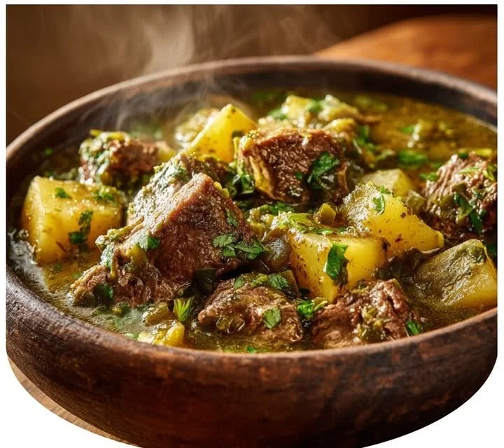 Smoky green chile beef and potato comfort stew served in a bowl.