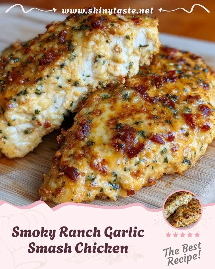Smoky Ranch Garlic Smash Chicken served with herbs on a rustic plate