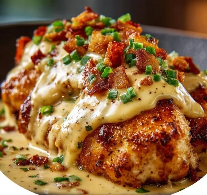 Delicious smothered chicken served with savory gravy and side dishes