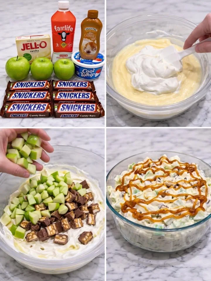 Delicious Snickers Caramel Apple Salad with crunchy apples and caramel drizzle