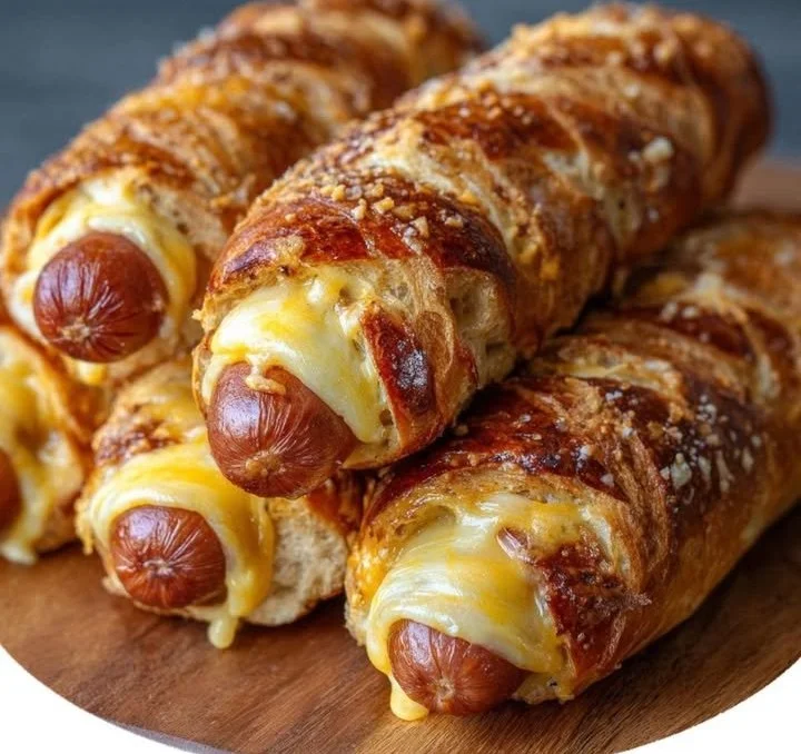 Soft baked cheesy pretzel dogs ready to serve with mustard