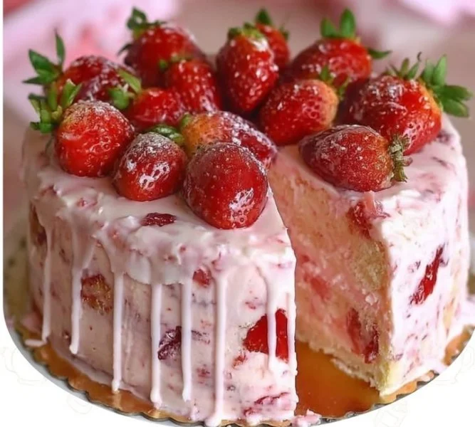 Southern Strawberry Cream Cheese Butter Cake slice with fresh strawberries